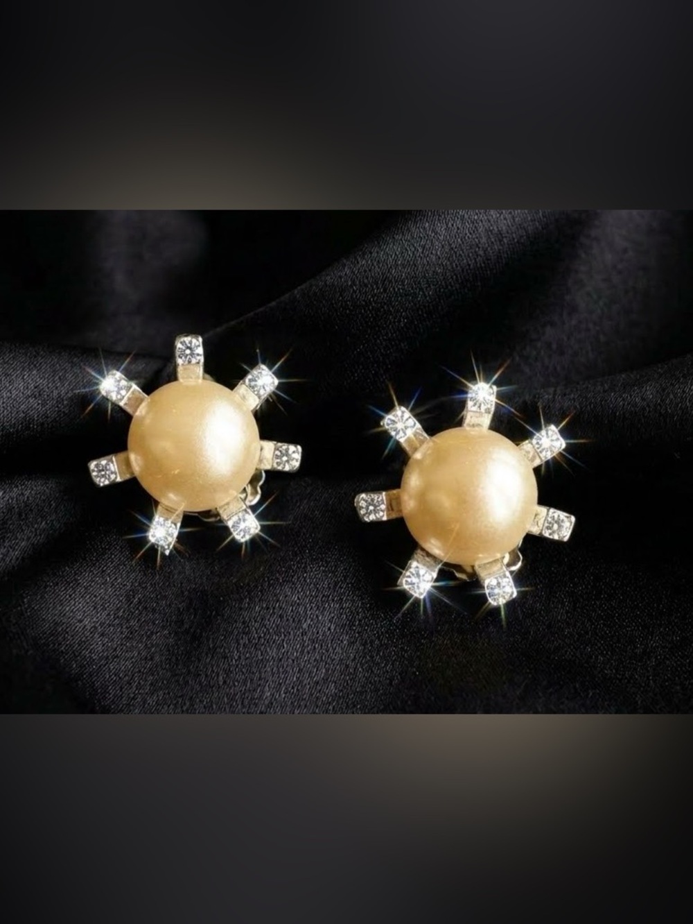 Vintage Faux Pearl Rhinestone Starburst
Earrings Silver Tone Unsigned Pristine